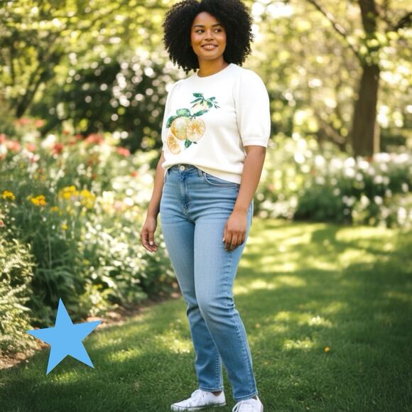 Skies Are Blue Cream Knit Short Sleeve Sweater Lemon Print Women’s Plus 1X NWOT - Picture 2 of 11
